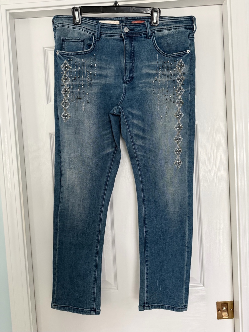 Pilcro Blue Skinny Jeans with Bead & Rhinestone Accents - 32